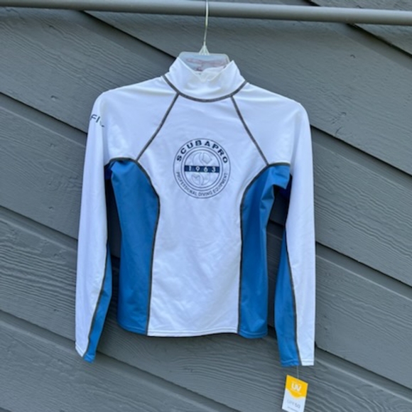SCUBAPRO TALL NECK RASHGUARD NWT LONG SLEEVE UPF 50 MEDIUM BLUE & WHITE - Picture 1 of 16